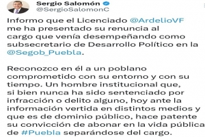 Tras crítica de AMLO, Ardelio Vargas renuncia al Gobierno de Puebla