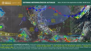 Lluvias puntuales muy fuertes en zonas de Baja California Sur, Sonora, Chihuahua, Sinaloa, Durango Nayarit, Jalisco y Colima