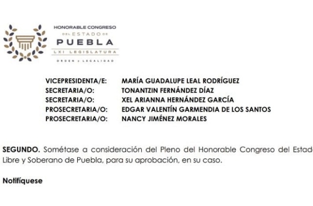 Avala en el Congreso de Puebla a Néstor Camarillo como titular de Mesa Directiva
