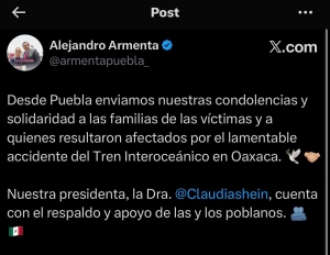 Gobernador Armenta expresa condolencias por accidente del Tren Interoce&aacute;nico