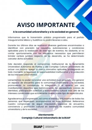 BUAP cancela transmisi&oacute;n p&uacute;blica del partido inaugural entre M&eacute;xico y Sud&aacute;frica