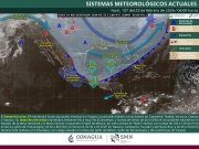Lluvias intensas en Chiapas y muy fuertes en Veracruz, Oaxaca y Tabasco; ambiente fr&iacute;o a muy fr&iacute;o en la mesa del norte y la mesa central y evento de "norte" muy fuerte a intenso en el litoral del Golfo de M&eacute;xico, el Istmo, Golfo de Tehuantepec y Pen&iacute;