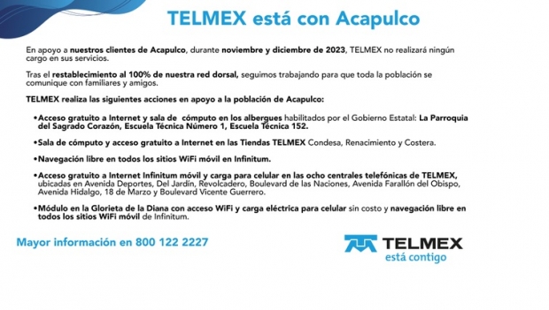 TELMEX condonará a todos sus clientes de Acapulco, el pago de sus servicios durante los meses de noviembre y diciembre