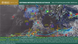 Se prev&eacute;n lluvias puntuales muy fuertes en zonas de Sinaloa, Chihuahua, Durango, Zacatecas, Nayarit, Jalisco, Michoac&aacute;n, Estado de M&eacute;xico, Morelos, Guerrero, Yucat&aacute;n y Quintana Roo