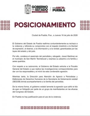 Condena el Gobierno de Puebla asesinato de periodista en Texmelucan