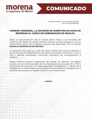 Morena se deslinda de decisi&oacute;n de Rocha Moya de regresar al cargo en Sinaloa