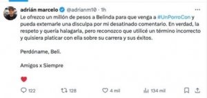 Adrián Marcelo pide perdón a Belinda y le ofrece un millón de pesos por una entrevista