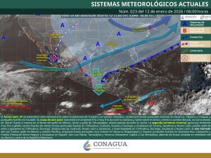 Lluvias puntuales intensas en Veracruz, Tabasco y Chiapas, evento de norte intenso en el Istmo de Tehuantepec disminuyendo por la noche y posible ca&iacute;da de nieve o aguanieve en el noroeste, norte y noreste de M&eacute;xico