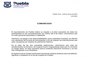 Respeto absoluto, reitera el ayuntamiento de Puebla ante 8M
