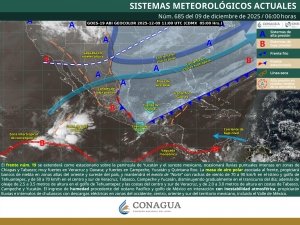Se pronostican lluvias fuertes a puntuales intensas en zonas de Chiapas, Oaxaca, Tabasco, Veracruz y la Península de Yucatán