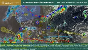 Se prev&eacute;n lluvias puntuales intensas en zonas de Guerrero; y puntuales muy fuertes en Sonora, Jalisco, Colima, Michoac&aacute;n, Puebla, Veracruz, Oaxaca, Chiapas, Campeche y Yucat&aacute;n