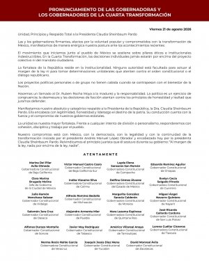 Gobernador Armenta respalda pronunciamiento de gobernadores en apoyo a Sheinbaum