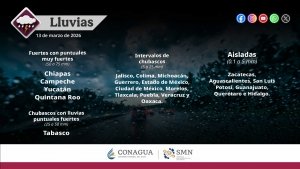Lluvias puntuales muy fuertes en Chiapas, Campeche, Yucat&aacute;n y Quintana Roo, adem&aacute;s de vientos fuertes durante el d&iacute;a