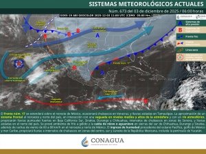 Lluvias puntuales fuertes en zonas de Baja California Sur, Sinaloa, Durango y Chihuahua, así como posible caída de nieve o aguanieve en zonas montañosas de Chihuahua, Durango y Sinaloa