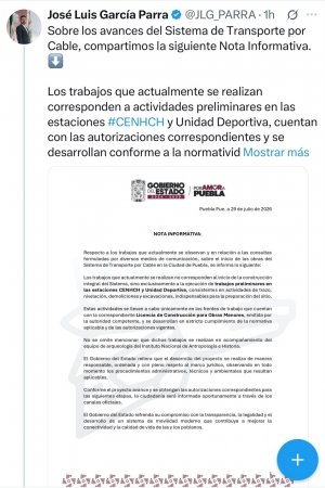 Gobierno de Puebla aclara que trabajos del Cableb&uacute;s son preliminares y cuentan con permisos