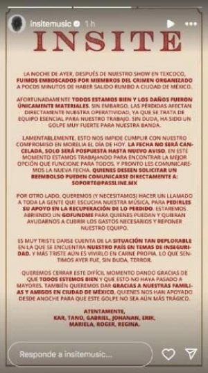 La banda mexicana Insite es emboscada por el crimen organizado tras show en Texcoco; pide ayuda a sus fans