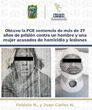 Obtuvo la FGE sentencia de más de 27 años de prisión contra un hombre y una mujer acusados de homicidio y lesiones