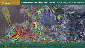 Se prev&eacute;n lluvias puntuales intensas en zonas de Sinaloa y Durango, y puntuales muy fuertes en zonas de Sonora, Chihuahua, Jalisco y Nayarit